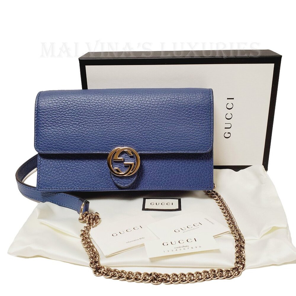 GUCCI BAG 510314 INTERLOCKING G CHAIN BLUE LEATHER CROSSBODY WALLET $1,550 - Picture 9 of 12
